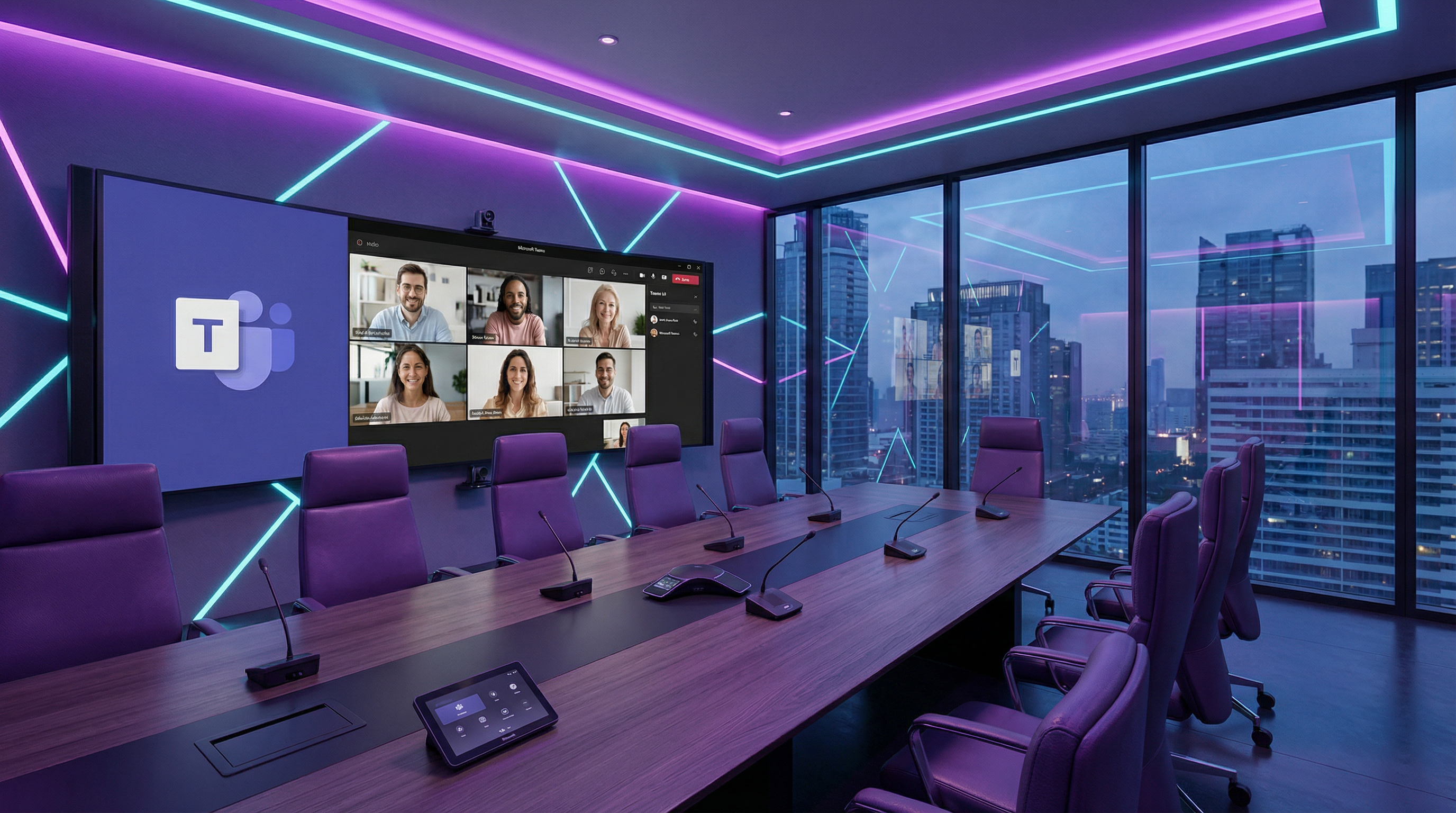 高科技感 Teams 會議室，展示紫色霹虹燈光和現代化視訊會議設備